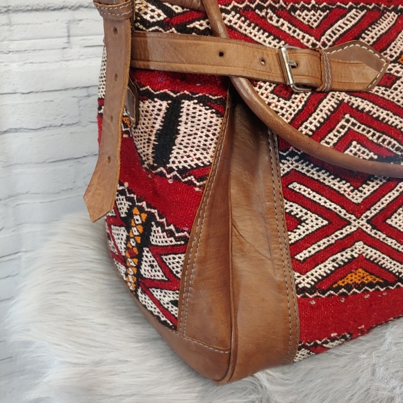 Moroccan Vtg Killim Leather Carry All Weekende - Picture 8 of 8